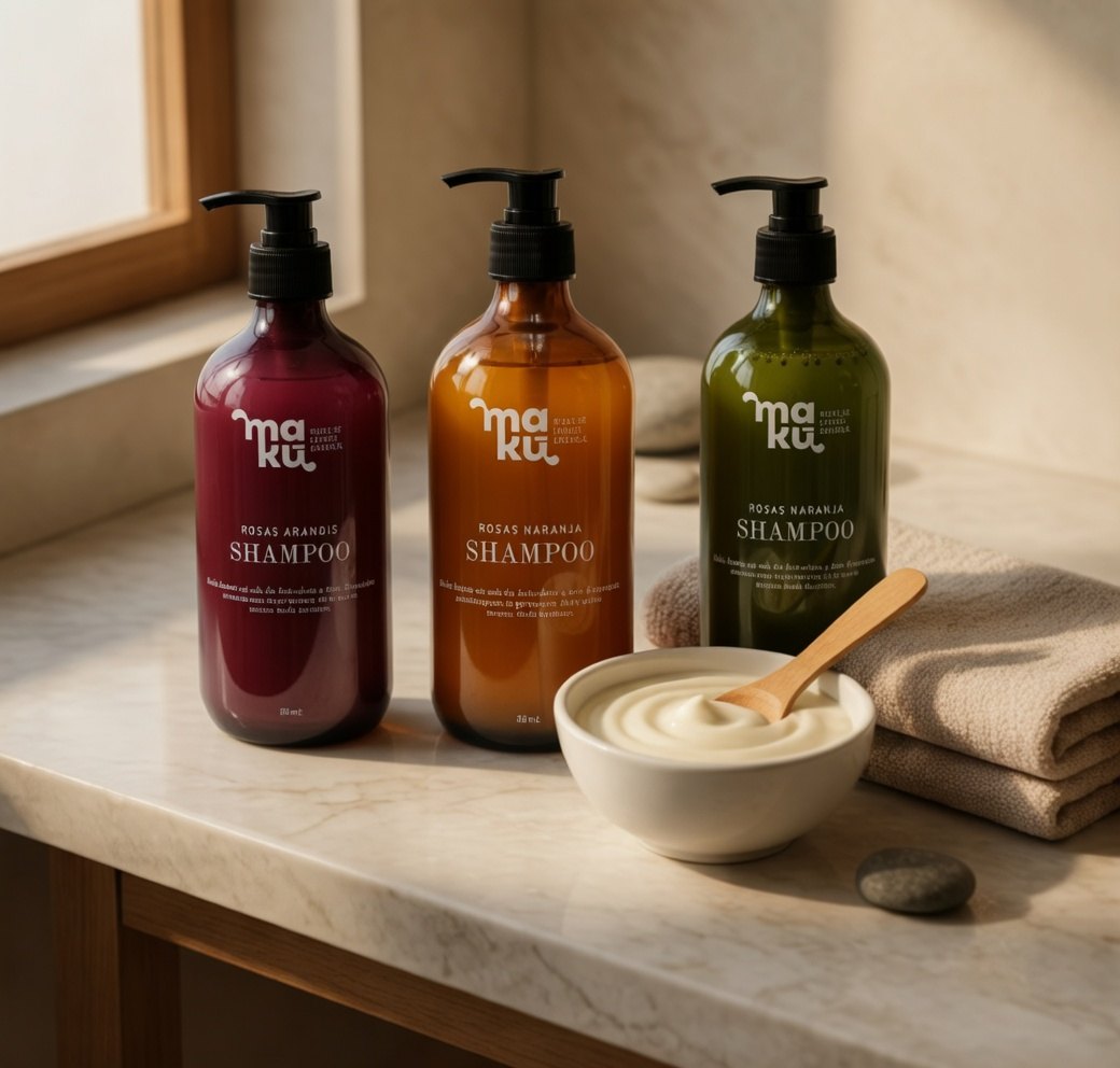 Maku shampoo ritual bottles in soft natural light